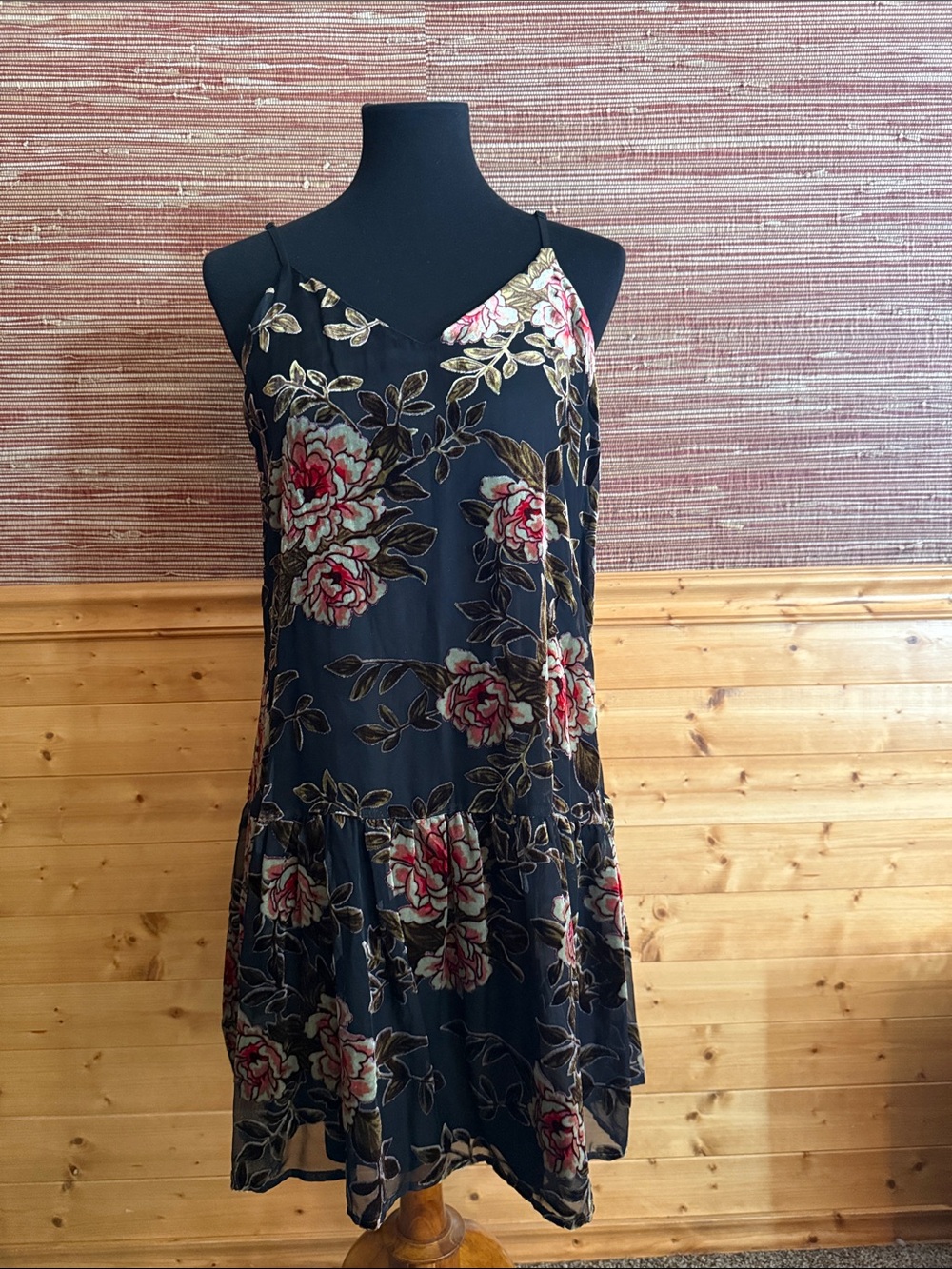 CC Boutique Black Floral Midi Slip Dress with Pink and Cream Blooms